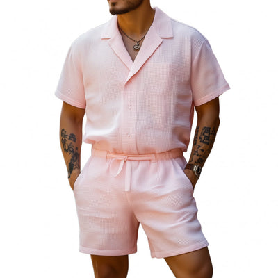 Corey | Men'S Casual Breathable Cotton Blended Waffle Lapel Slim Fit Short Sleeve Shorts Jumpsuit