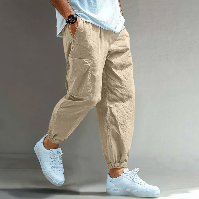 Salvador | Men'S Casual Solid Color Breathable Cotton Linen Blend Elastic Waist Multi-Pocket Cuffed Pants