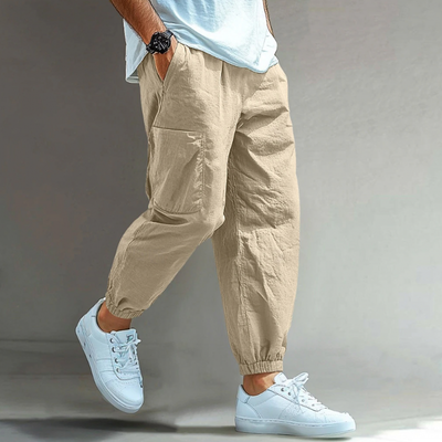 Salvador | Men'S Casual Solid Color Breathable Cotton Linen Blend Elastic Waist Multi-Pocket Cuffed Pants