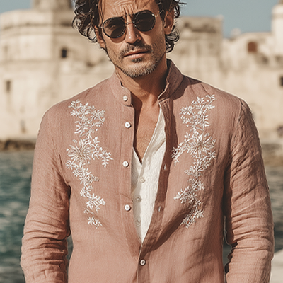 Abram | Men'S Spring And Summer Retro Exquisite Embroidered Tencel Cotton Stand Collar Long Sleeve Shirt