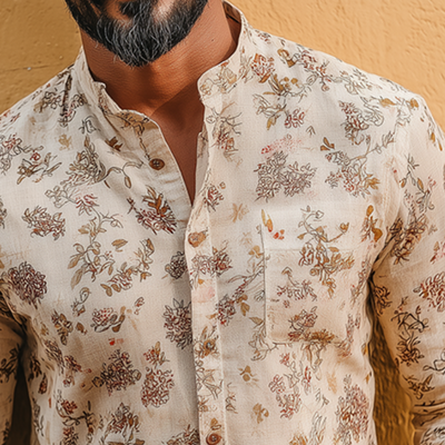 Ben | Men'S Retro Casual Floral Print Linen Stand Collar Long Sleeve Shirt