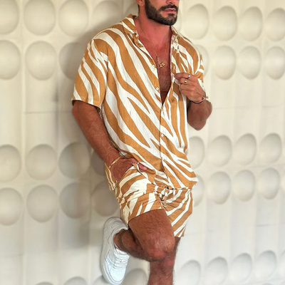 Drew | Men'S Spring And Summer Fashion Casual Zebra Stripe Printed Silk Cotton Short Sleeve Shirt Elastic Waist Shorts Set
