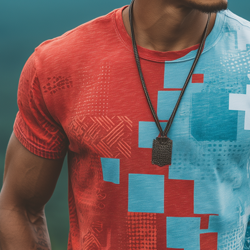 Dan | Men'S Retro Casual Contrast Color Geometric Print Round Neck Short Sleeve T-Shirt