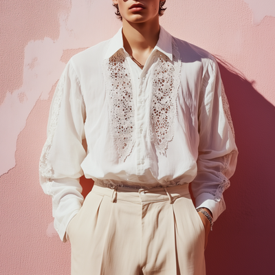 Ulysses | Men'S Casual Breathable Lace Chiffon Patchwork Lapel Loose Long-Sleeved Shirt