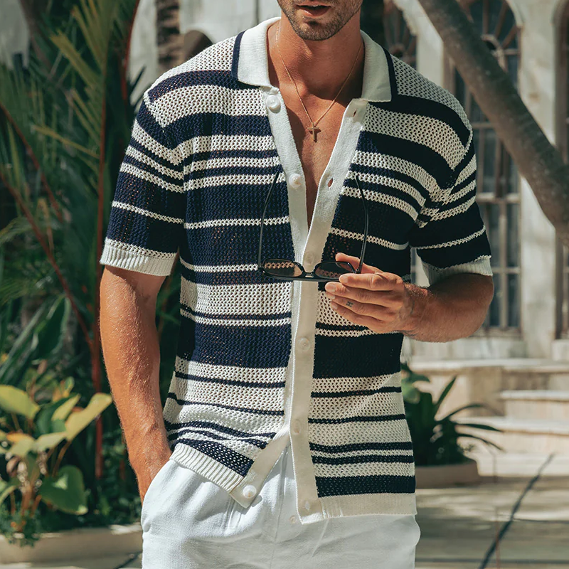Emilio | Men'S Spring And Summer Fashion Casual Hollow Horizontal Striped Knitted Short-Sleeved Shirt
