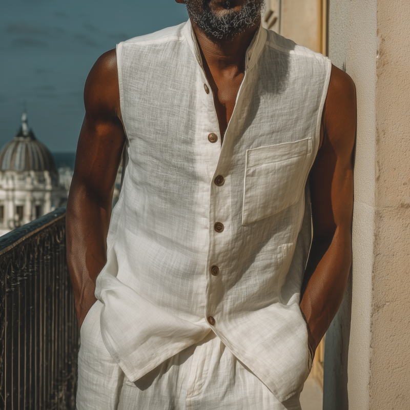 Bradley | Men'S Casual Solid Color Breathable Cotton Linen Stand-Up Collar Patch Pocket Slim Sleeveless Shirt