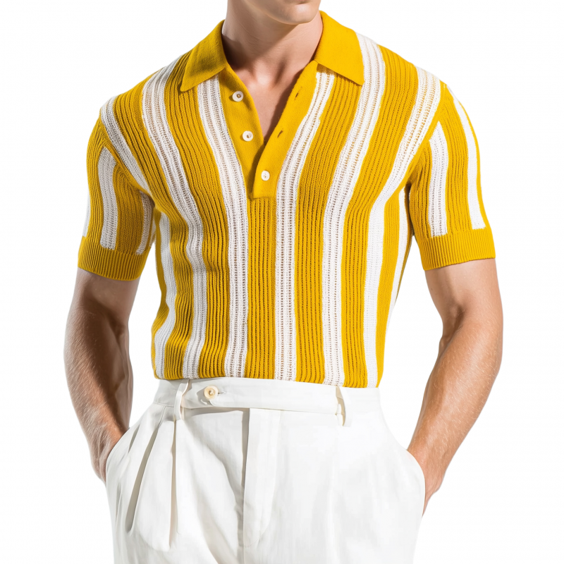 Julio | Men'S Casual Breathable Contrast Color Vertical Stripes Lapel Slim Fit Knitted Short-Sleeved Polo Shirt