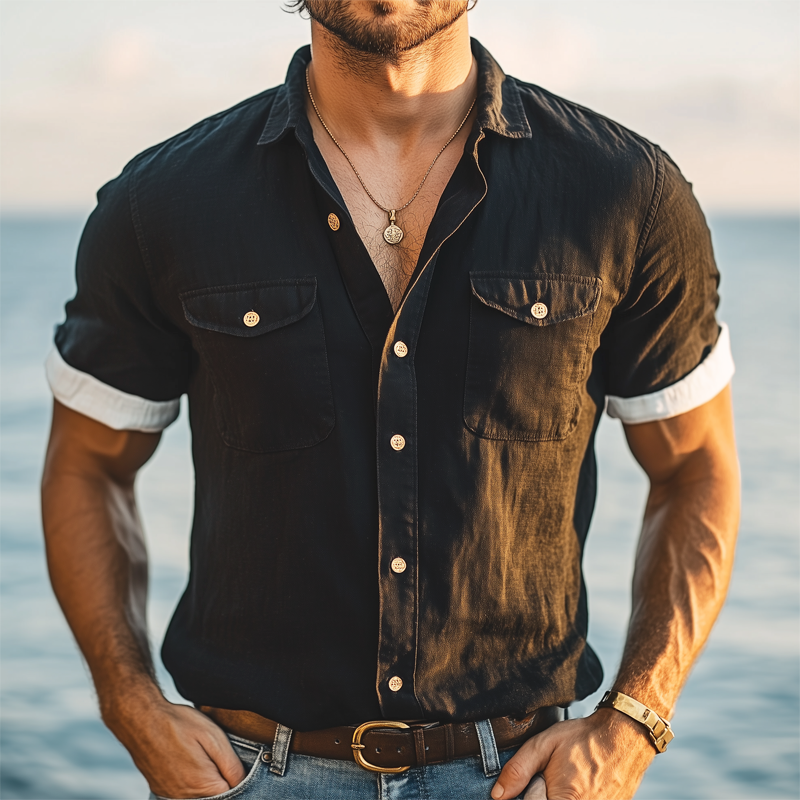 Jose | Men'S Summer Business Color Matching Lapel Short-Sleeved Shirt