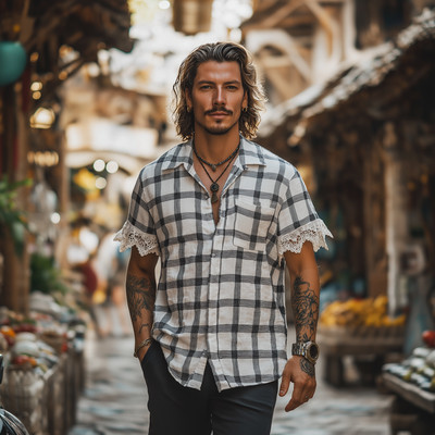 Malcolm | Men'S Summer Fashion Lace Patchwork Linen Short Sleeve Shirt