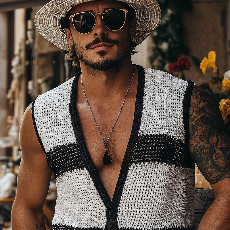 Martin | Men'S Summer Fashion Casual Black And White Horizontal Striped Deep V-Neck Knitted Vest