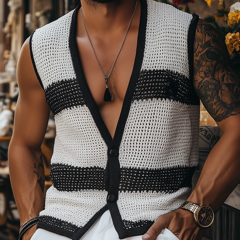 Martin | Men'S Summer Fashion Casual Black And White Horizontal Striped Deep V-Neck Knitted Vest