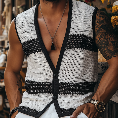 Martin | Men'S Summer Fashion Casual Black And White Horizontal Striped Deep V-Neck Knitted Vest