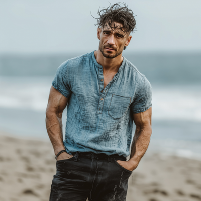 Craig | Men'S Casual Solid Color Pleated Cotton Washed Henley Collar Patch Pocket Loose Short Sleeve Shirt