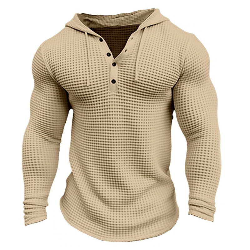 Men's Solid Waffle Long Sleeve Casal Hoodie