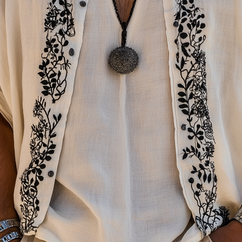 Arturo | Men'S Summer Fashion Simple Embroidery Slub Cotton Short Sleeve Open Shirt