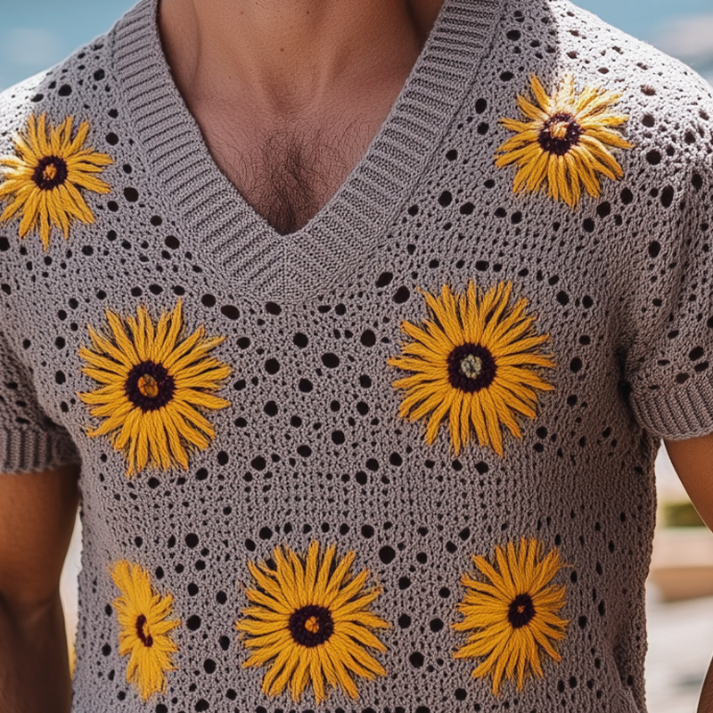 Kent | Men'S Spring And Summer Fashion Leisure Vacation Style Knitted Hollow Flower V-Neck Short-Sleeved T-Shirt