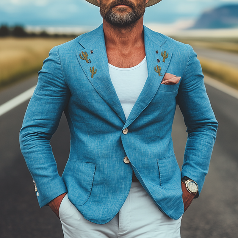 Patricio | Men'S Spring And Summer Casual American Western Tough Style Cactus Embroidered Blue Cotton And Linen Single-Breasted Blazer