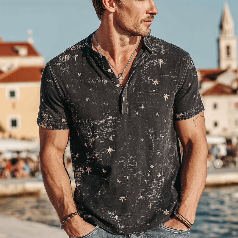 Bart | Men'S Star Print Henley Neck Short Sleeve T-Shirt