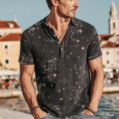 Bart | Men'S Star Print Henley Neck Short Sleeve T-Shirt