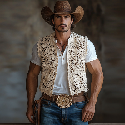 Milton | Men'S Western Style Solid Color Crochet Buttonless Vest