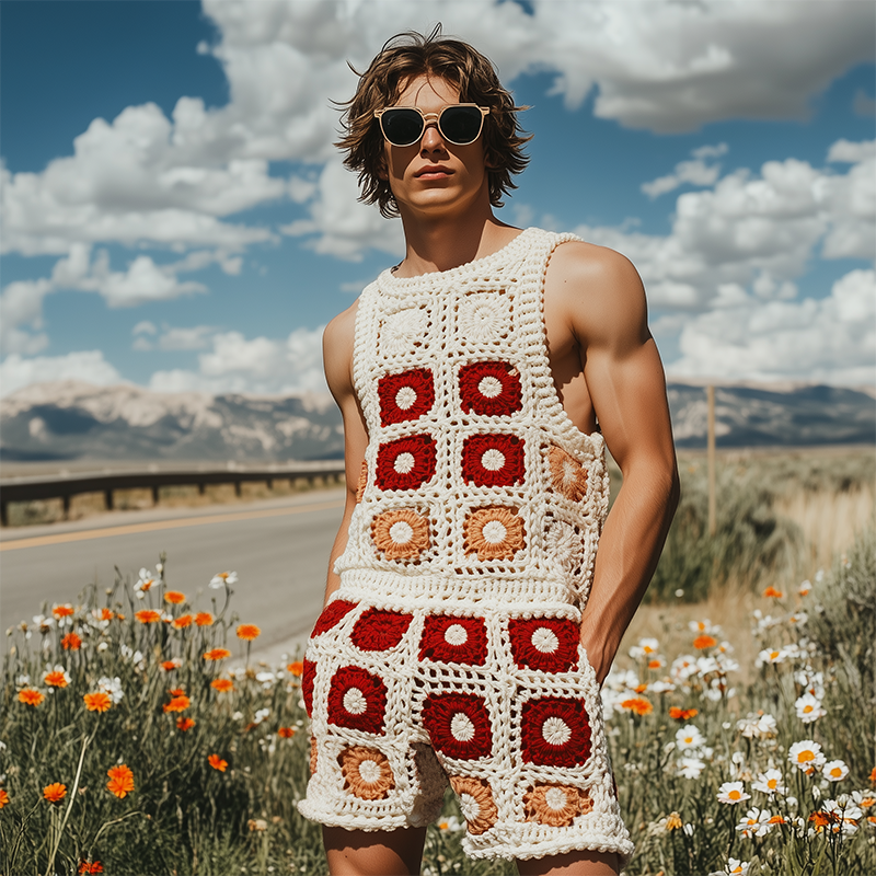 Lewis | Men'S Summer Fashion Casual Hollow Crochet Flower Knitted Vest Elastic Waist Shorts Set
