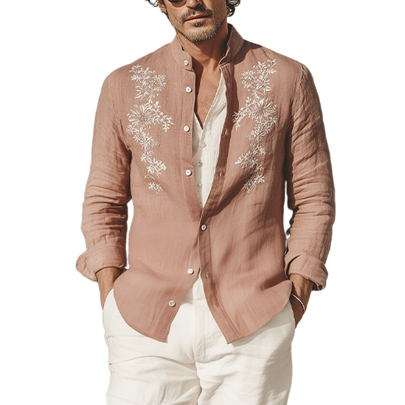 Abram | Men'S Spring And Summer Retro Exquisite Embroidered Tencel Cotton Stand Collar Long Sleeve Shirt