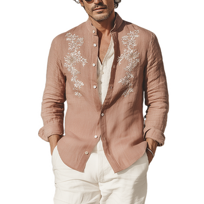 Abram | Men'S Spring And Summer Retro Exquisite Embroidered Tencel Cotton Stand Collar Long Sleeve Shirt