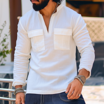 Bernard | Men'S Casual Cotton Solid Color V-Neck Chest Pocket Pullover Slim Fit Long Sleeve Shirt