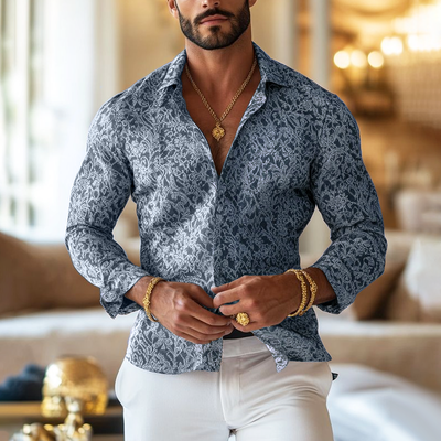 Men's Vine Print Lapel Long Sleeve Shirt