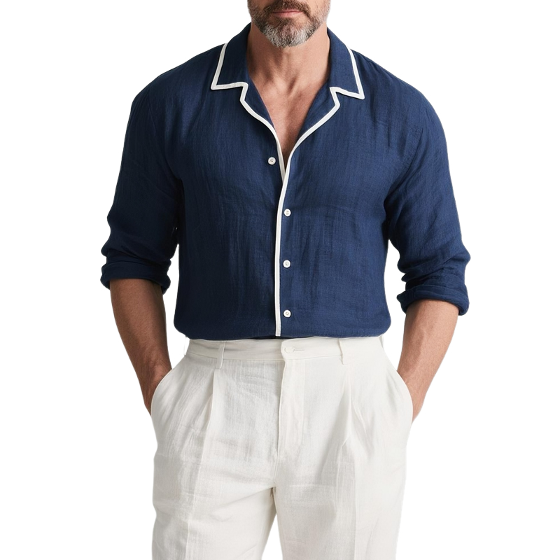 Jesse | Men'S White Trim Lapel Long Sleeve Cotton And Linen Shirt