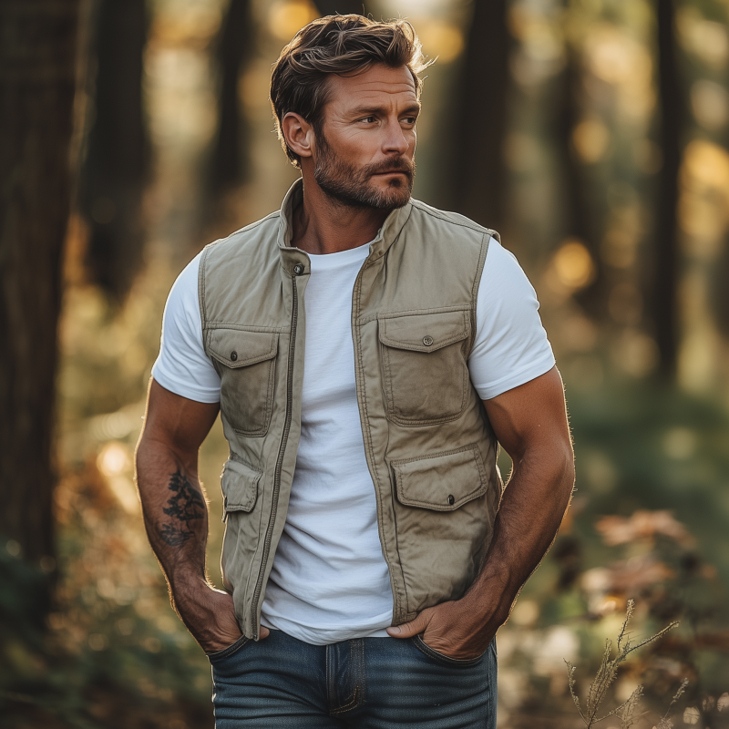 Pablo | Men'S Casual Outdoor Washed Cotton Stand Collar Zipper Placket Multi-Pocket Work Vest