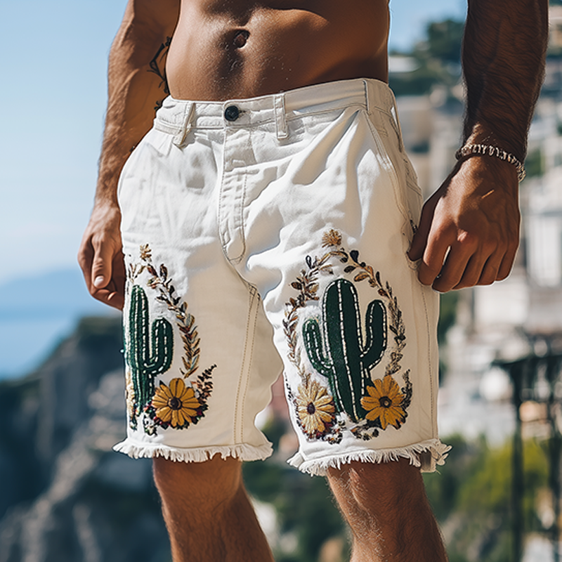 Gabe | Men'S Summer Fashion Italian Sicily Style Washed White Denim Embroidered Hem Casual Shorts