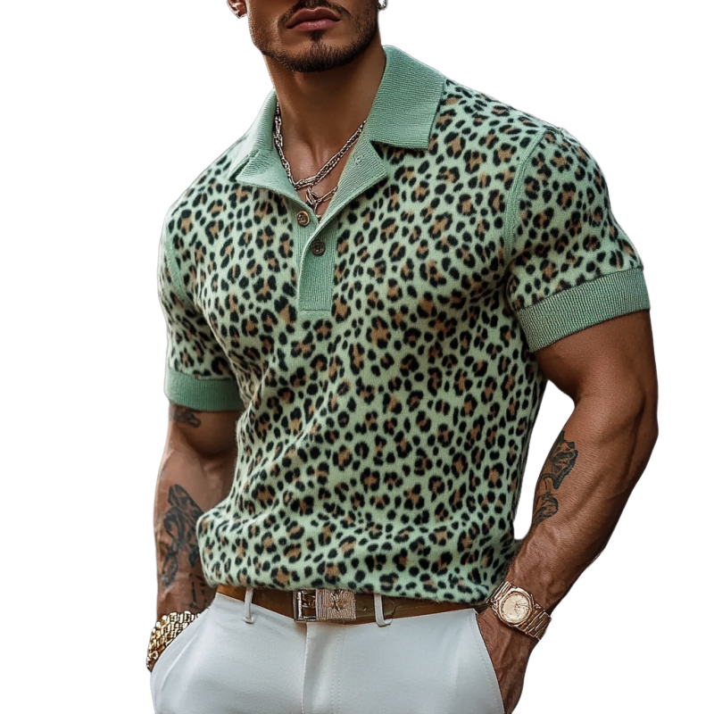 Men's Fashion Leopard Printnitted Short-sleeved Polo Shirt