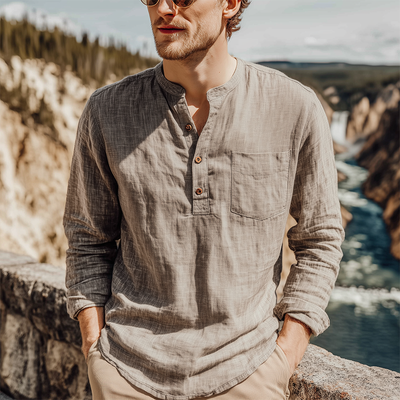 Uriah | Men'S Spring And Summer Classic Casual Henley Collar Cotton And Linen Loose Long Sleeve T-Shirt