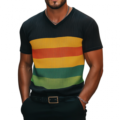 Myles | Men'S Casual Colorful Striped Breathable V-Neck Loose Knitted Short-Sleeved T-Shirt Sweater