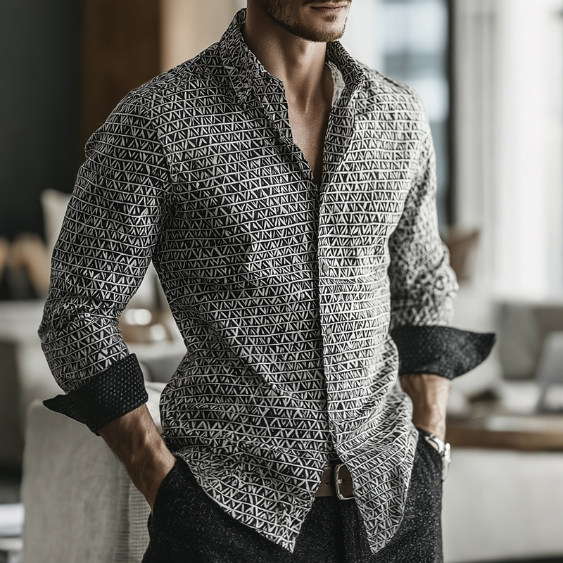 Alexander | Men'S Retro Casual Geometric Cycle Print Lapel Long Sleeve Shirt