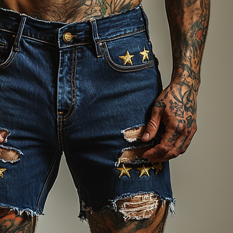 Olaf | Men'S Star Embroidered Ripped Denim Shorts
