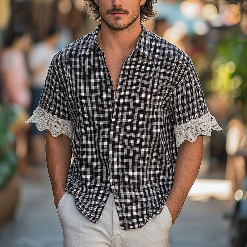 Luther | Men'S Summer Fashion Lace Patchwork Plaid Short Sleeve Shirt
