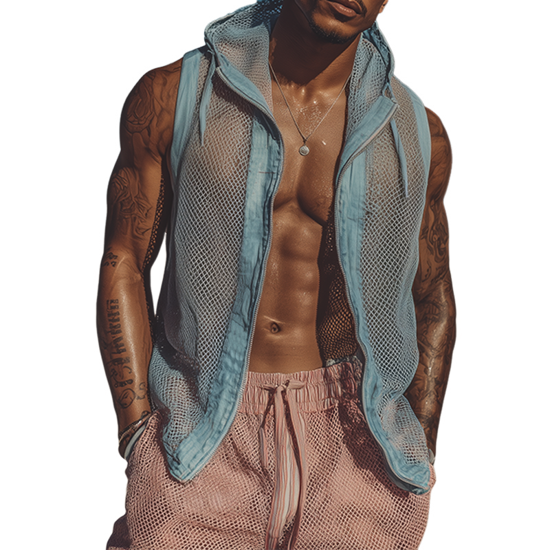 Lamar | Men'S Spring And Summer Fashion Casual Mesh Fabric Splicing Cotton And Linen Slightly Transparent Sexy Hooded Sleeveless Shirt