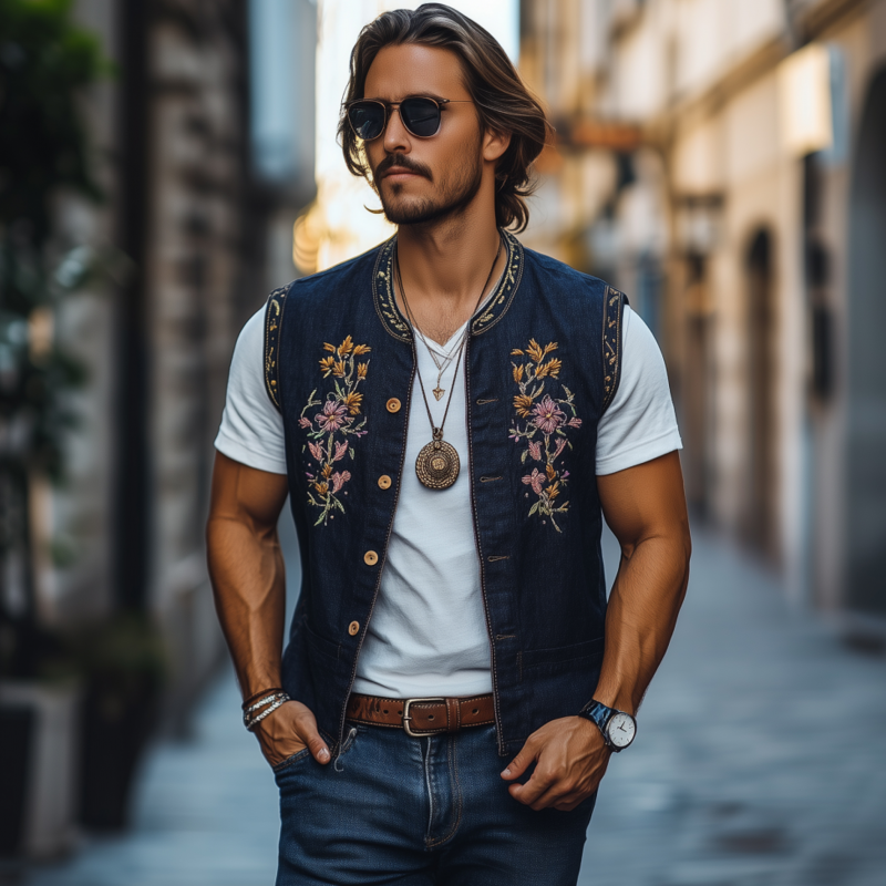 Devin | Men'S Casual Cotton Linen Stand Collar Single-Breasted Retro Flower Embroidered Slim Vest