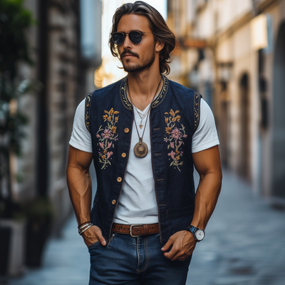 Devin | Men'S Casual Cotton Linen Stand Collar Single-Breasted Retro Flower Embroidered Slim Vest