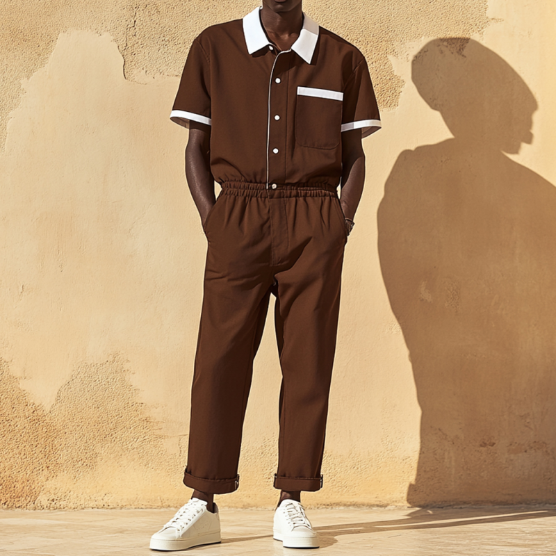 Edgar | Men'S Casual Cotton Blend Colorblock Lapel Patch Pocket Short Sleeve Shirt Pants Slim Jumpsuit
