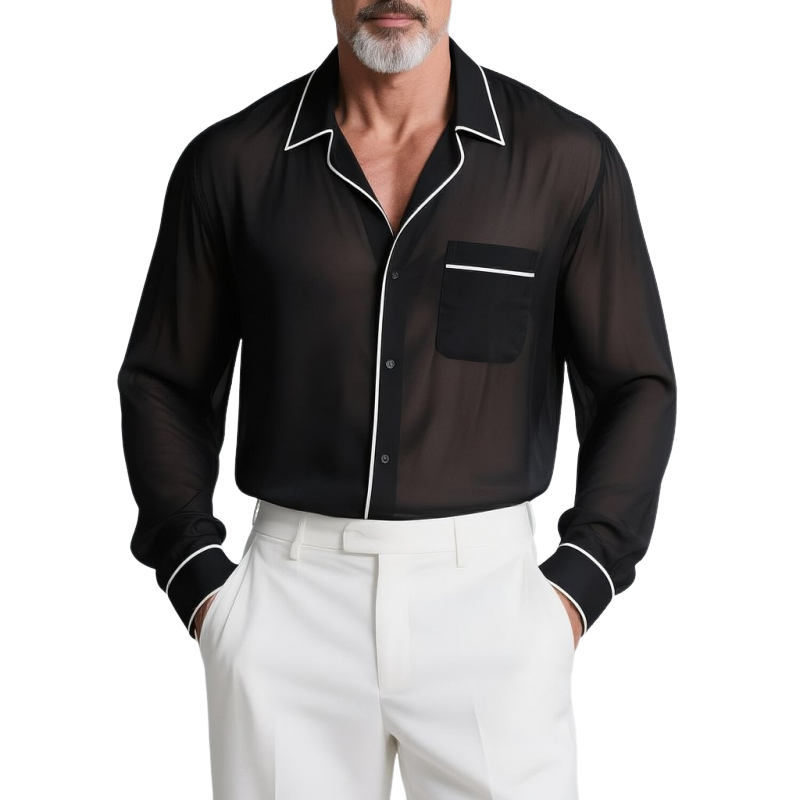 Brian | Men'S Black Chiffon White Trim Lapel Single-Breasted Long-Sleeved Shirt