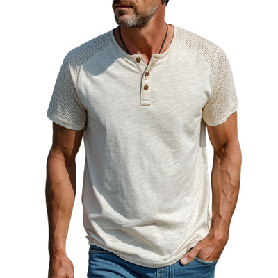 Zane | Men'S Spring And Summer Fashion Casual Cotton Blended Shoulder Splicing Mesh Henley Collar Short Sleeve T-Shirt