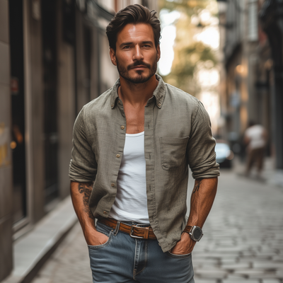 Stacy | Men'S Casual Breathable Linen Lapel Patch Pocket Slim Fit Long Sleeve Shirt