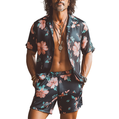Duane | Men'S Summer Fashion Floral Print Imitation Silk Short Sleeve Shirt Shorts Set