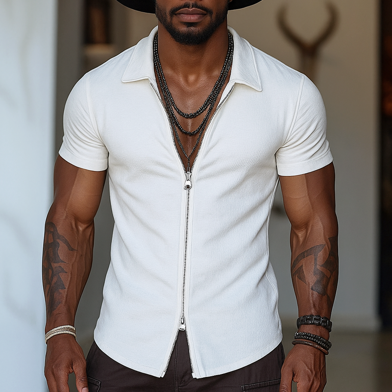Sterling | Men'S Solid Zipper Lapel Short Sleeve Shirt
