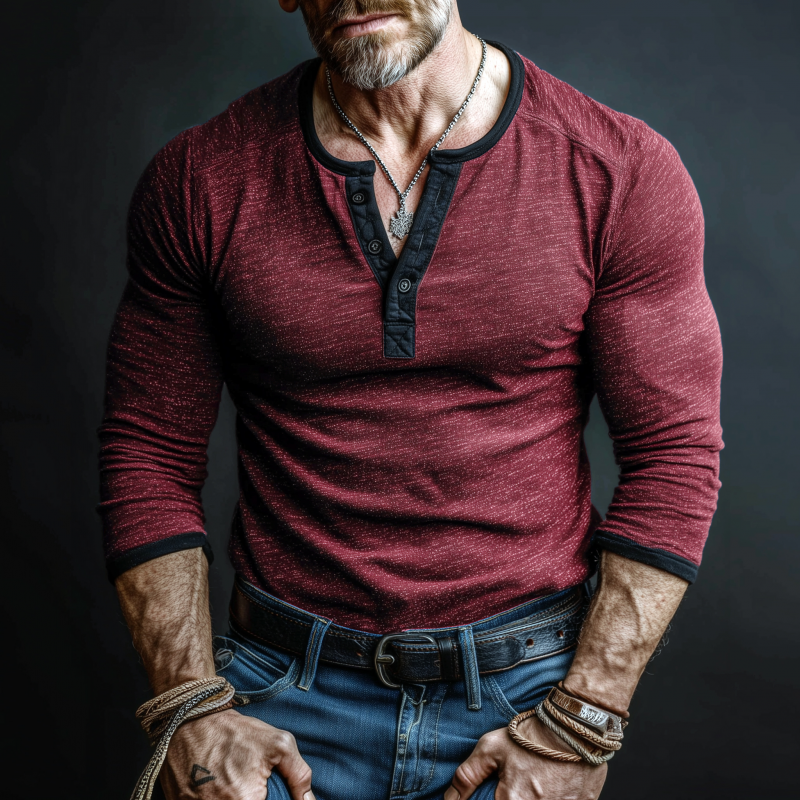 Roberto | Men'S Casual Cotton Contrast Color Patchwork Henry Collar Slim Fit Long Sleeve T-Shirt
