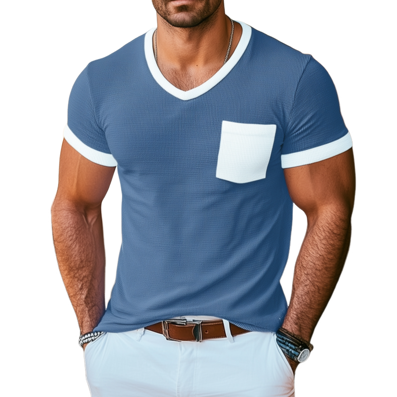Clyde | Men'S Casual Cotton Blended Waffle Colorblock V-Neck Patch Pocket Slim Fit Short Sleeve T-Shirt