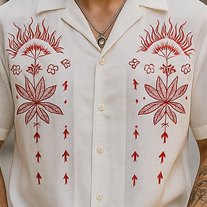 Wallace | Men'S Summer Fashion Embroidery Slub Cotton Short Sleeve Shirt